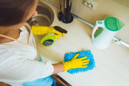 Professional carpet cleaner treating stained living room carpet