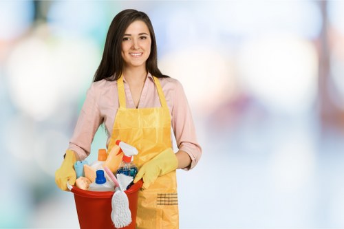 Domestic cleaners working in a Surrey kitchen and living area